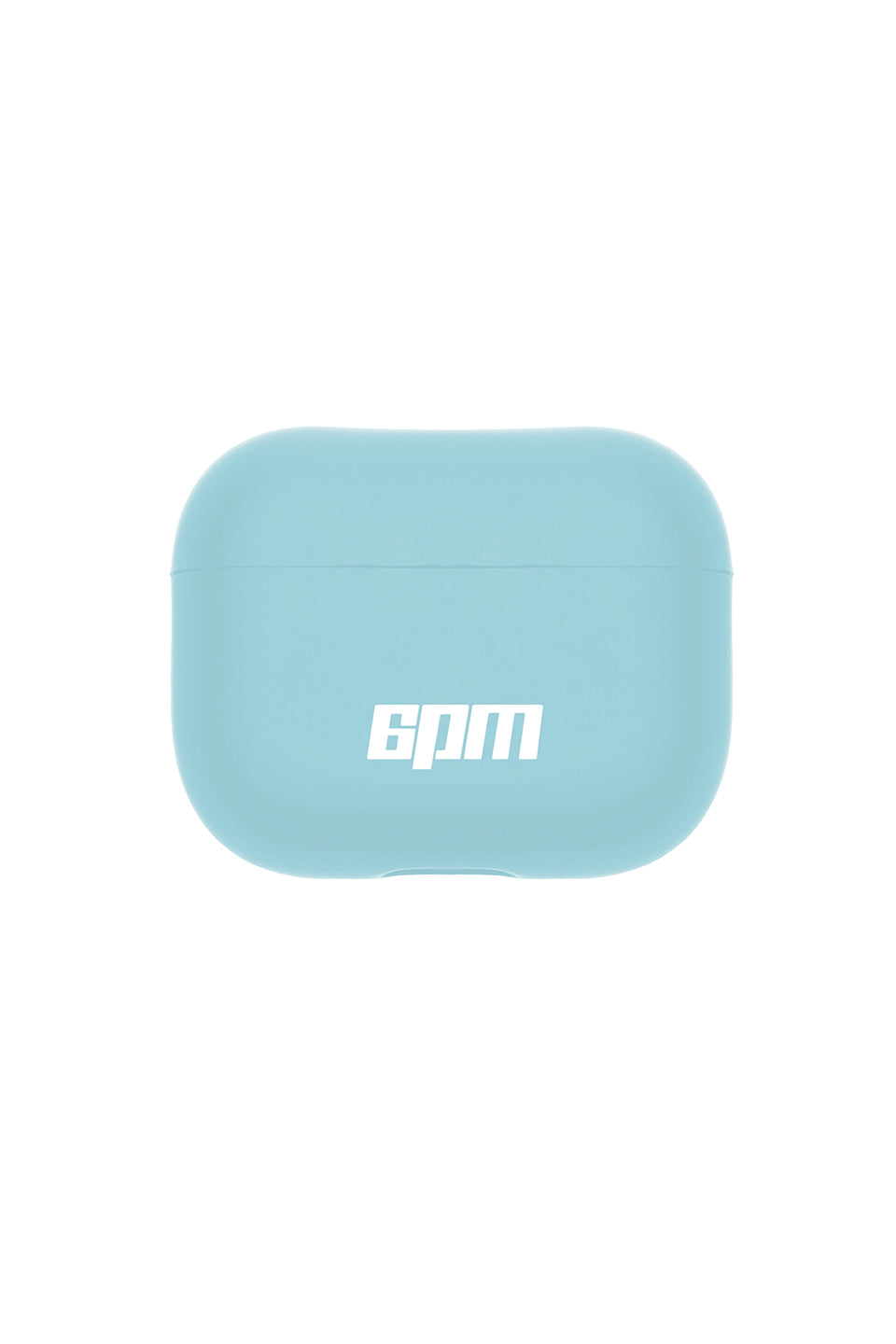 The 6PM AIRPODS CASE TURQUOISE is a light blue rectangular case with rounded edges and 6PM printed in white on the front, designed to keep your earbuds clean and protected.